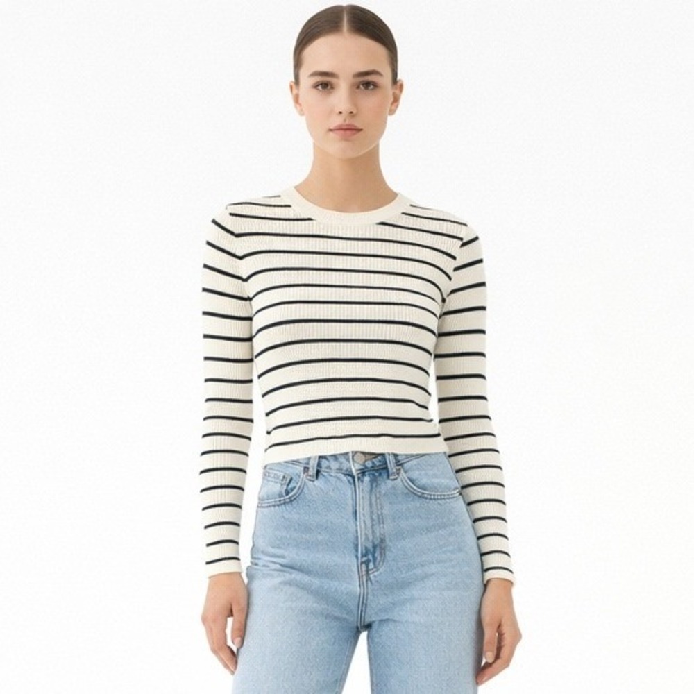 NWT‎ NA-KD Ribbed Knitted Crew Neck Top Womens Large Black White Stripe Nautical